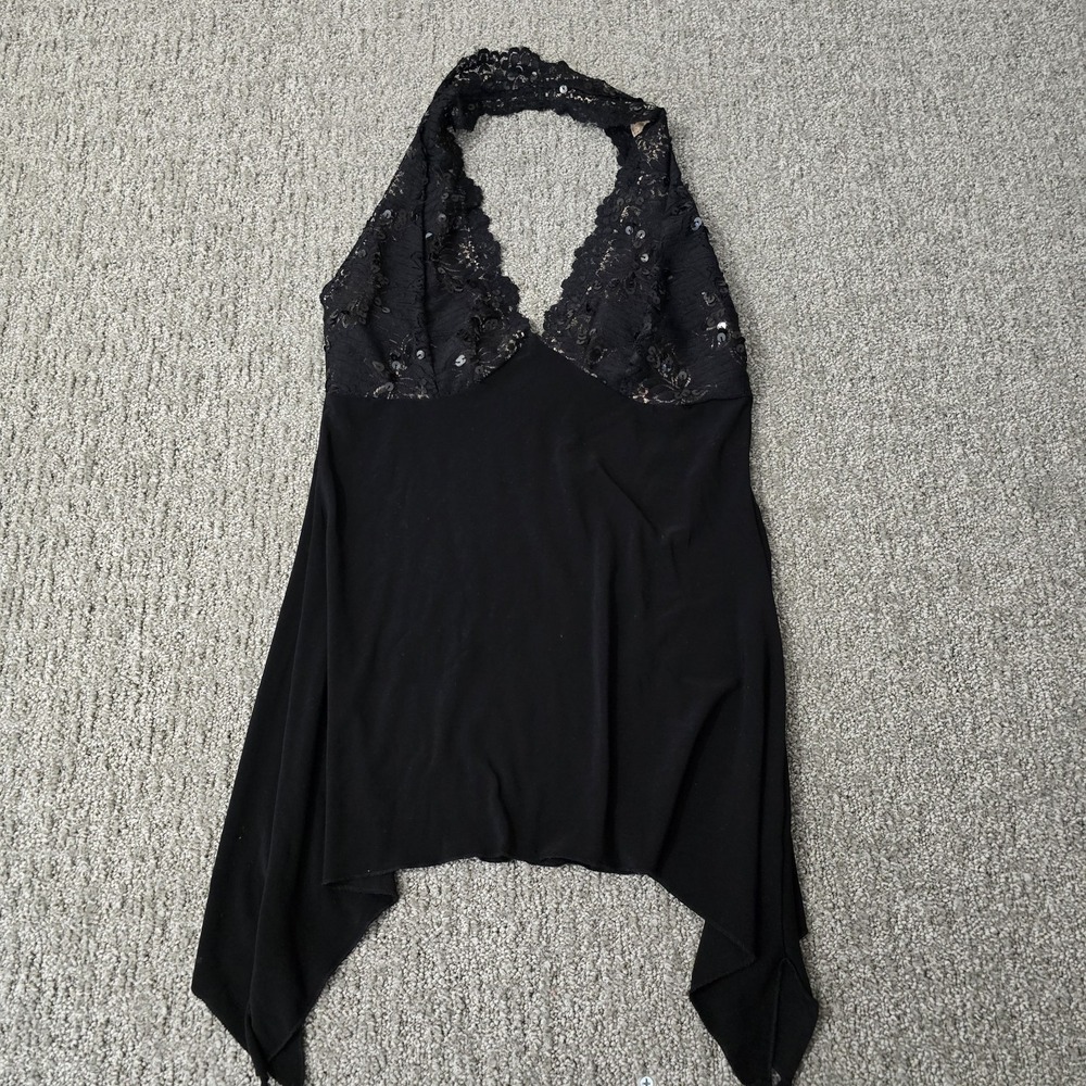 Charlotte Russe Black Lace Sequin Halter Top M Y2K Gothic Handkerchief Hem